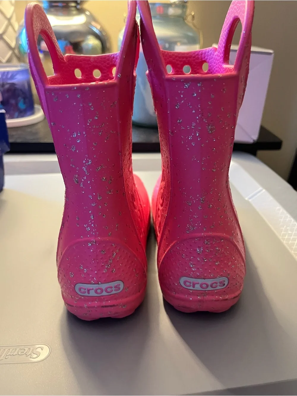 CROCS Kids' Hot Pink Glitter Rain Boots with Built-In Handles